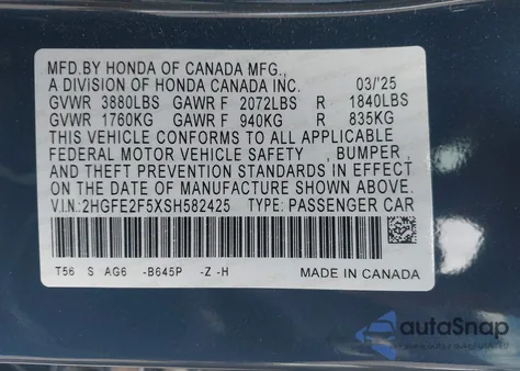 2025 Honda Civic Sport from USA, damaged, VIN 2HGFE2F5XSH582425